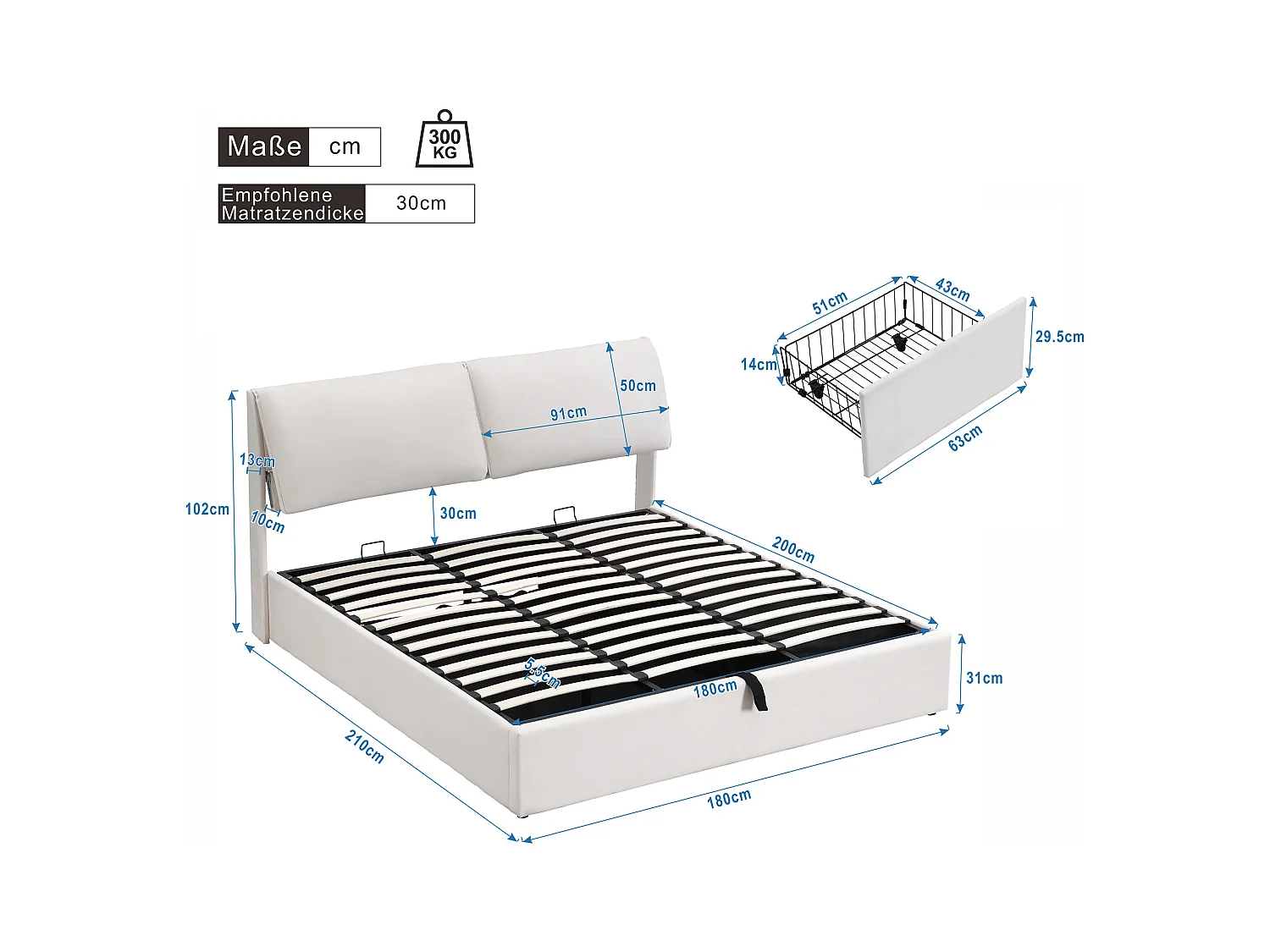 Lit coffre 180x200 cm - Lit adulte avec 3 tiroirs, coffres de rangement et tête de lit - Velours - beige-blanc