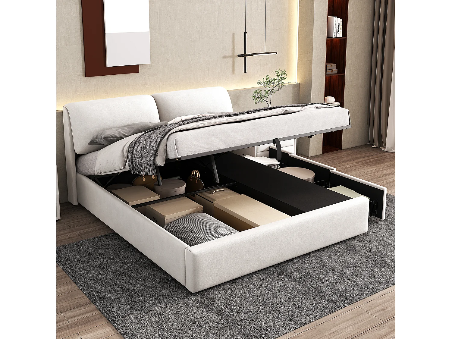 Lit coffre 180x200 cm - Lit adulte avec 3 tiroirs, coffres de rangement et tête de lit - Velours - beige-blanc