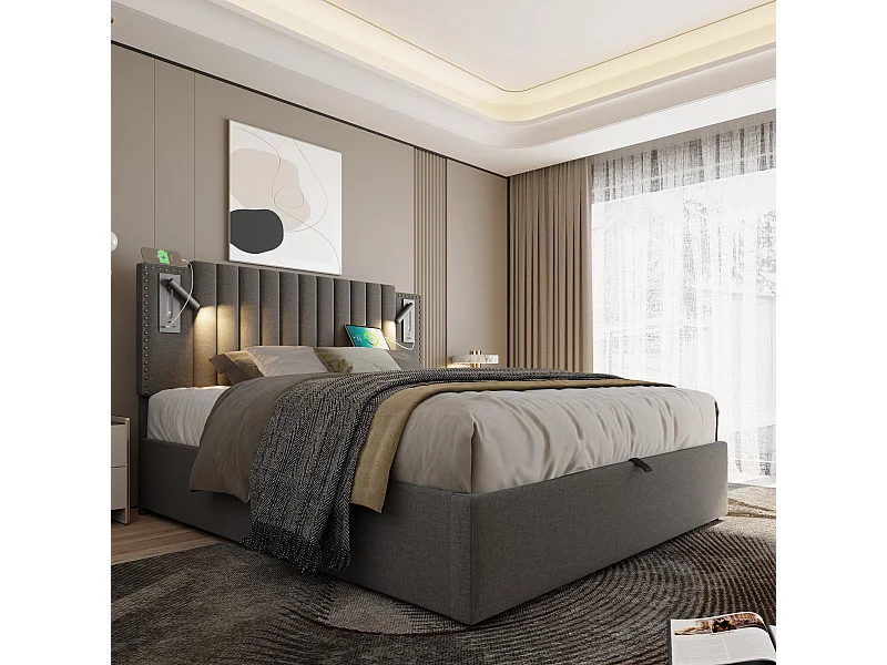 Lit coffre 160x200 cm - lit double rembourré avec fonction de charge USB et lampe de lecture - coton - gris - sans matelas
