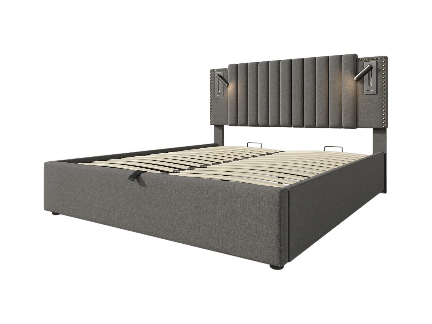 Lit coffre 160x200 cm - lit double rembourré avec fonction de charge USB et lampe de lecture - coton - gris - sans matelas