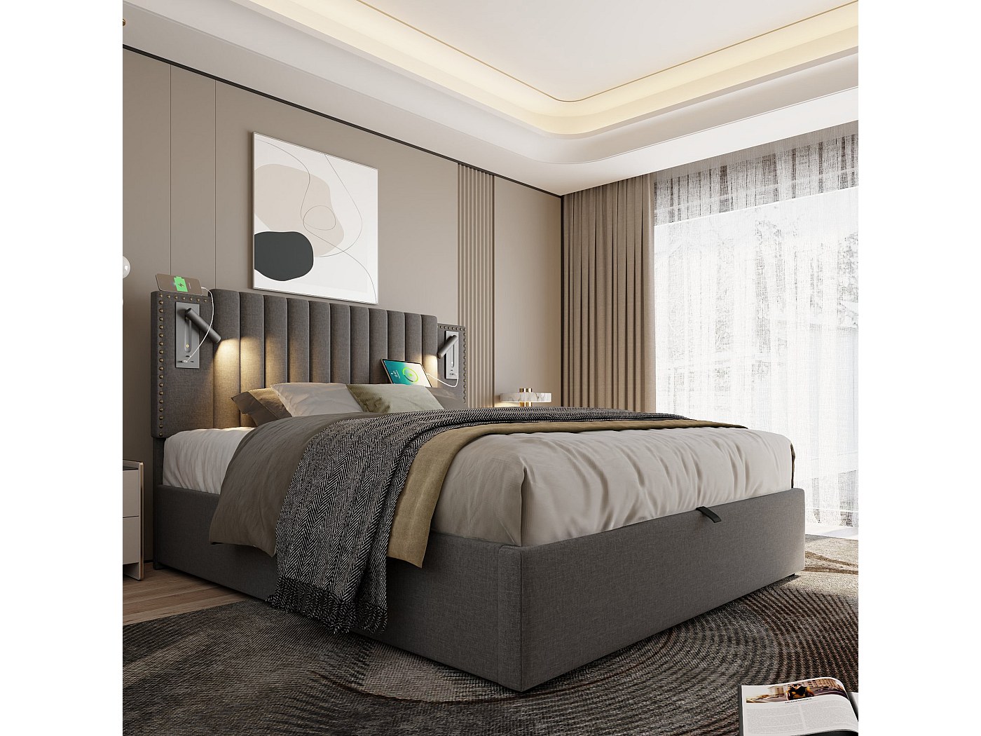 Lit Double Rembourré 160x200 Cm Avec Tête De Lit Velours, Prise USB-C, Tiroirs De Rangement Et Sommier à Lattes - Capacité 300 Kg