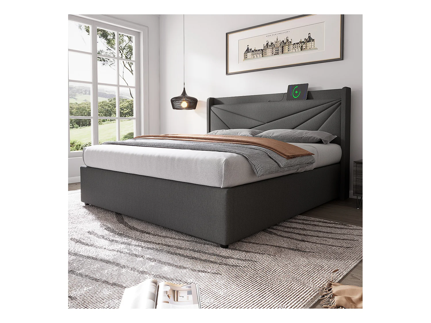 Lit coffre 160x200 cm - lit double capitonné avec tête de lit avec chargement USB Type C - lin - gris - sans matelas