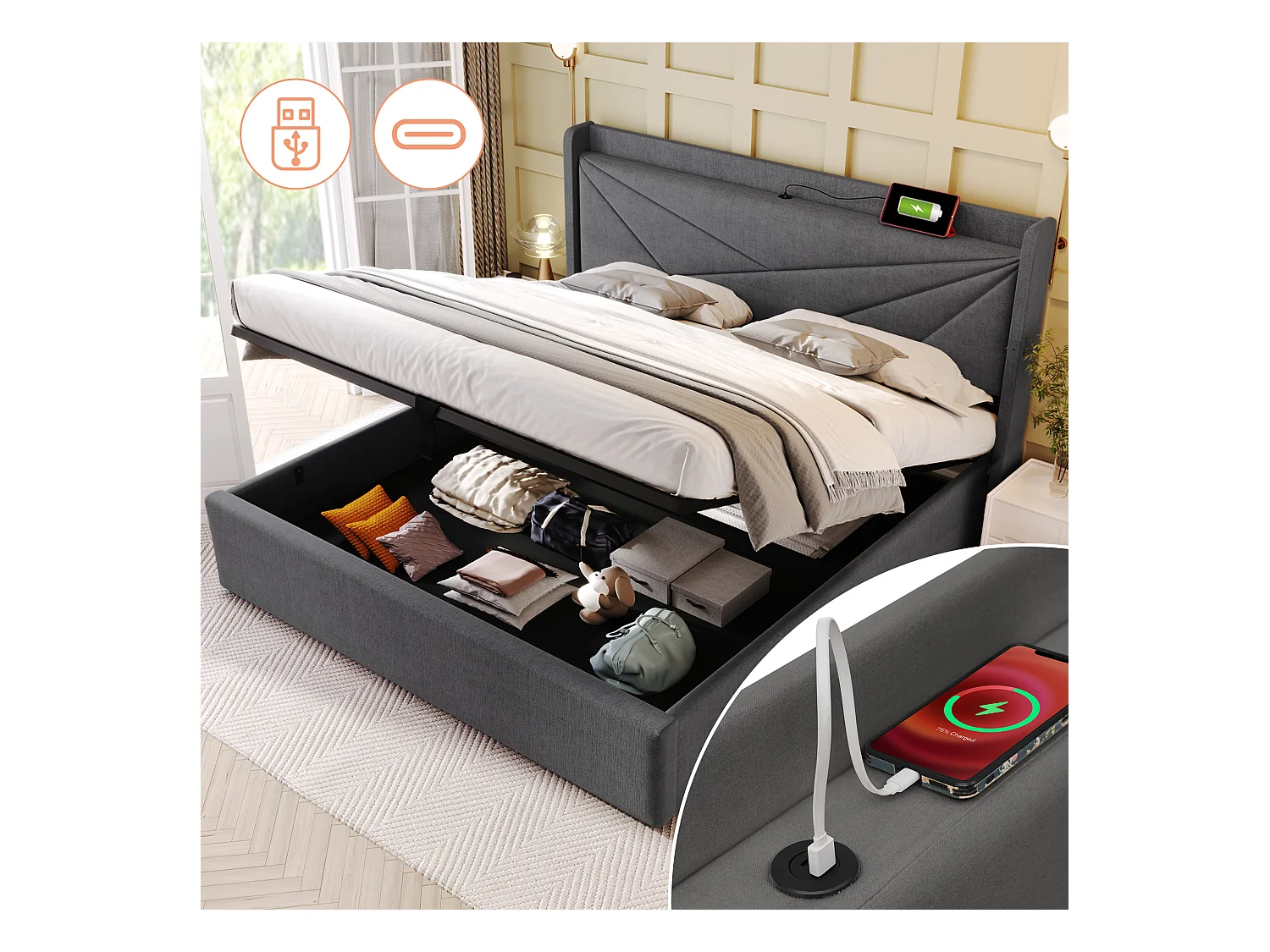 Lit coffre 160x200 cm - lit double capitonné avec tête de lit avec chargement USB Type C - lin - gris - sans matelas