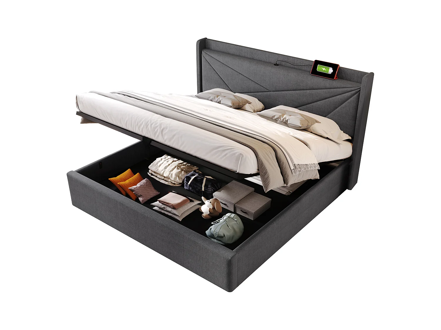 Lit coffre 160x200 cm - lit double capitonné avec tête de lit avec chargement USB Type C - lin - gris - sans matelas