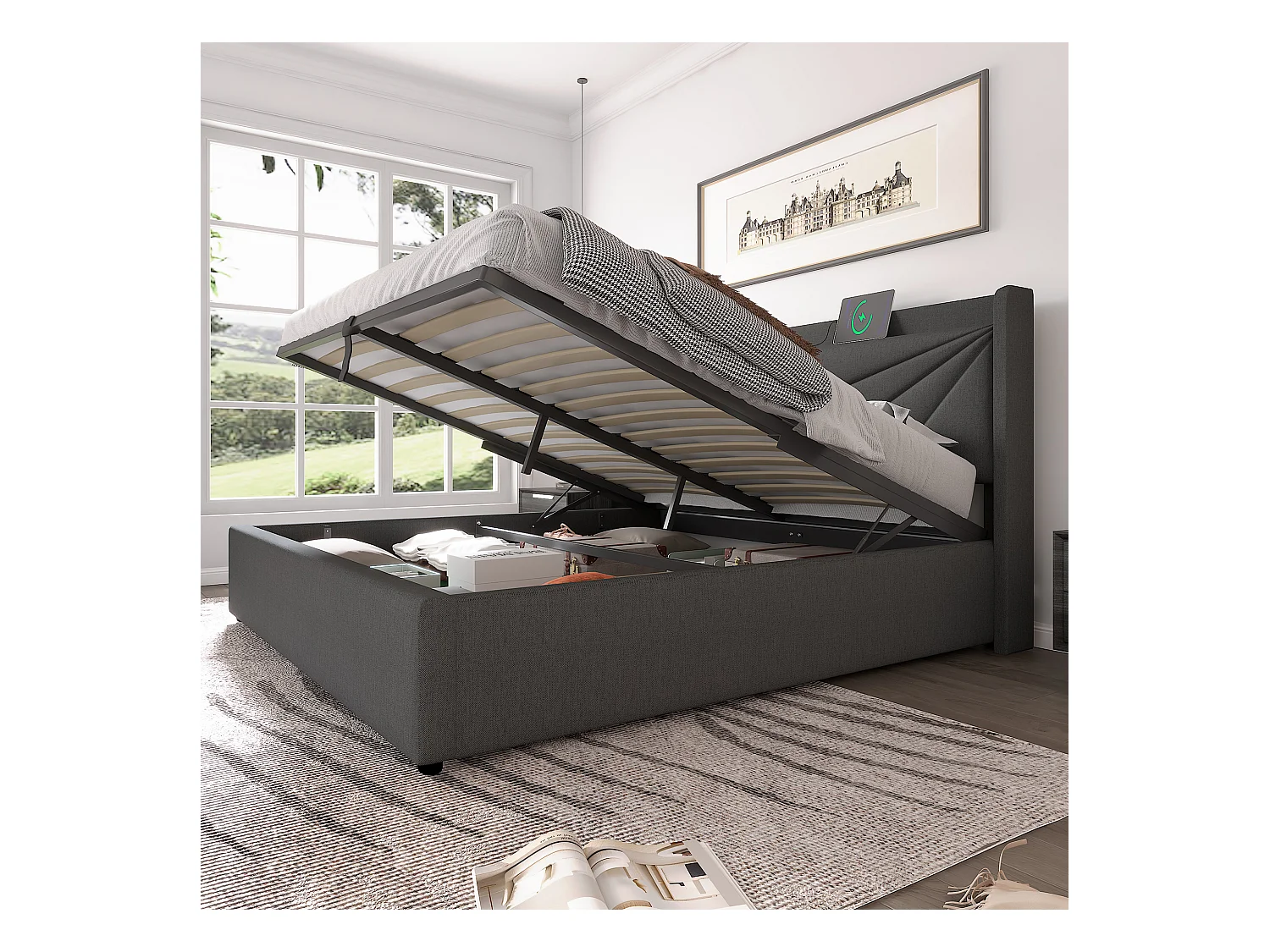 Lit coffre 160x200 cm - lit double capitonné avec tête de lit avec chargement USB Type C - lin - gris - sans matelas