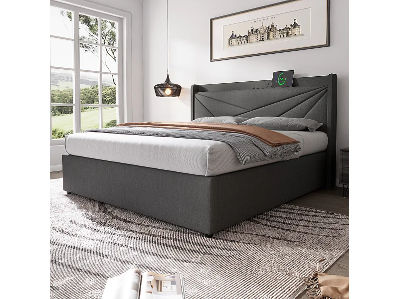 Lit coffre 160x200 cm - lit double capitonné avec tête de lit avec chargement USB Type C - lin - gris - sans matelas