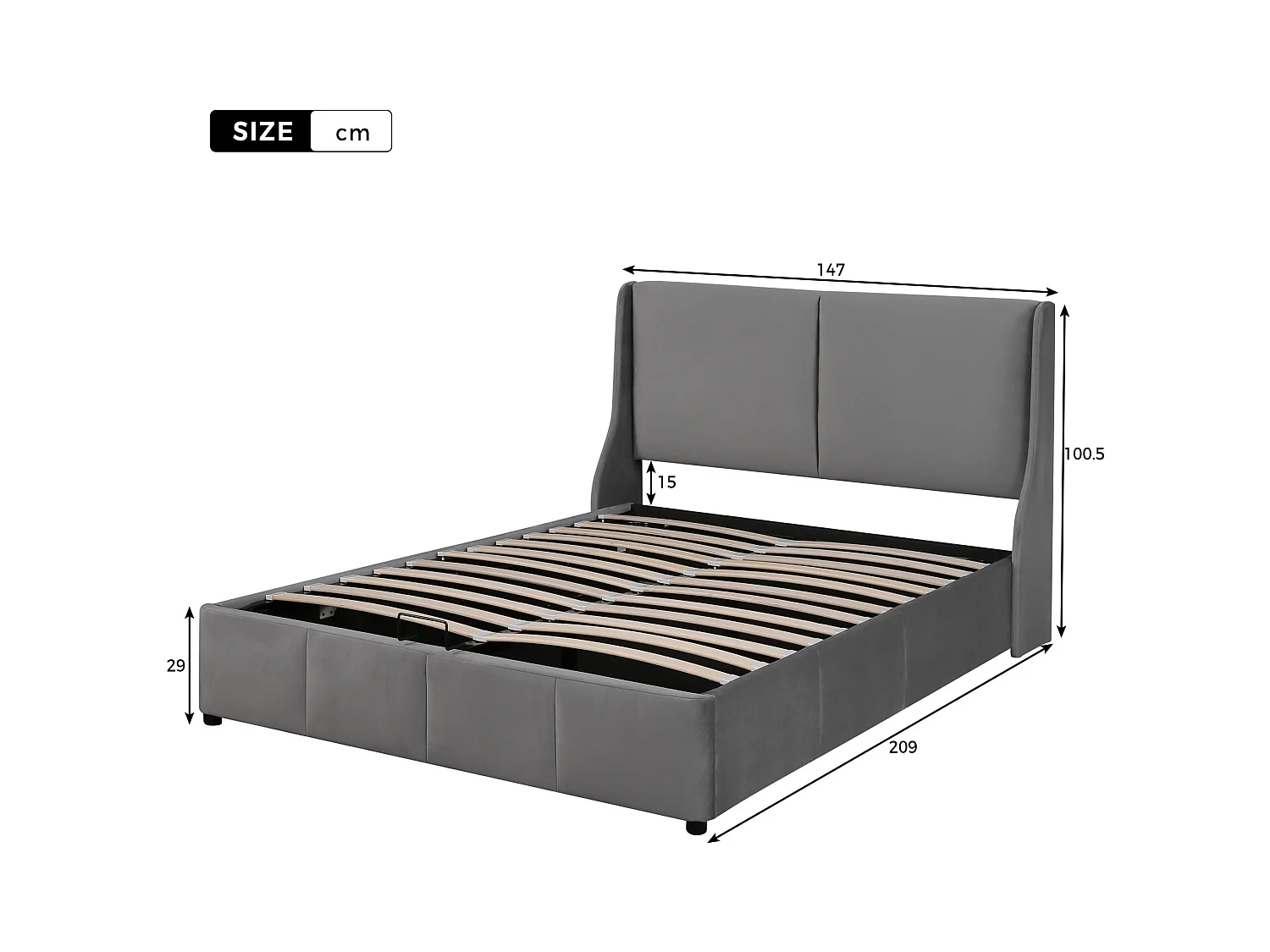 Lit coffre 140x200 cm - Lit adulte - lit à fonction hydraulique - forme oreille - velours - gris