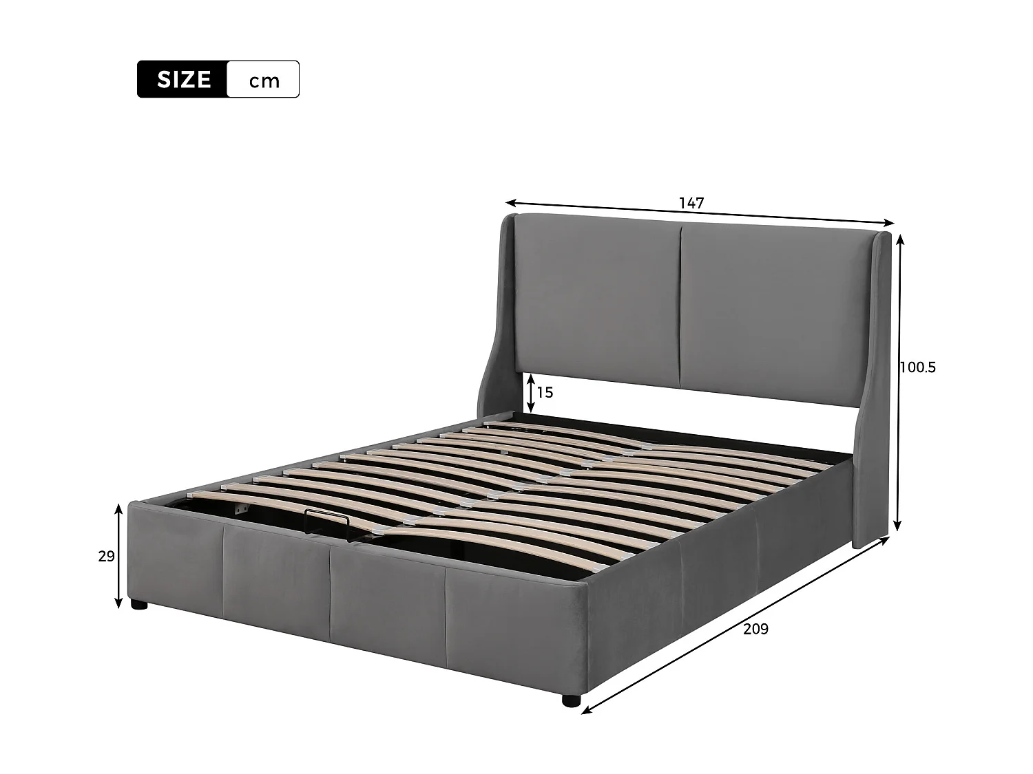 Lit coffre 140x200 cm - Lit adulte - lit à fonction hydraulique - forme oreille - velours - gris