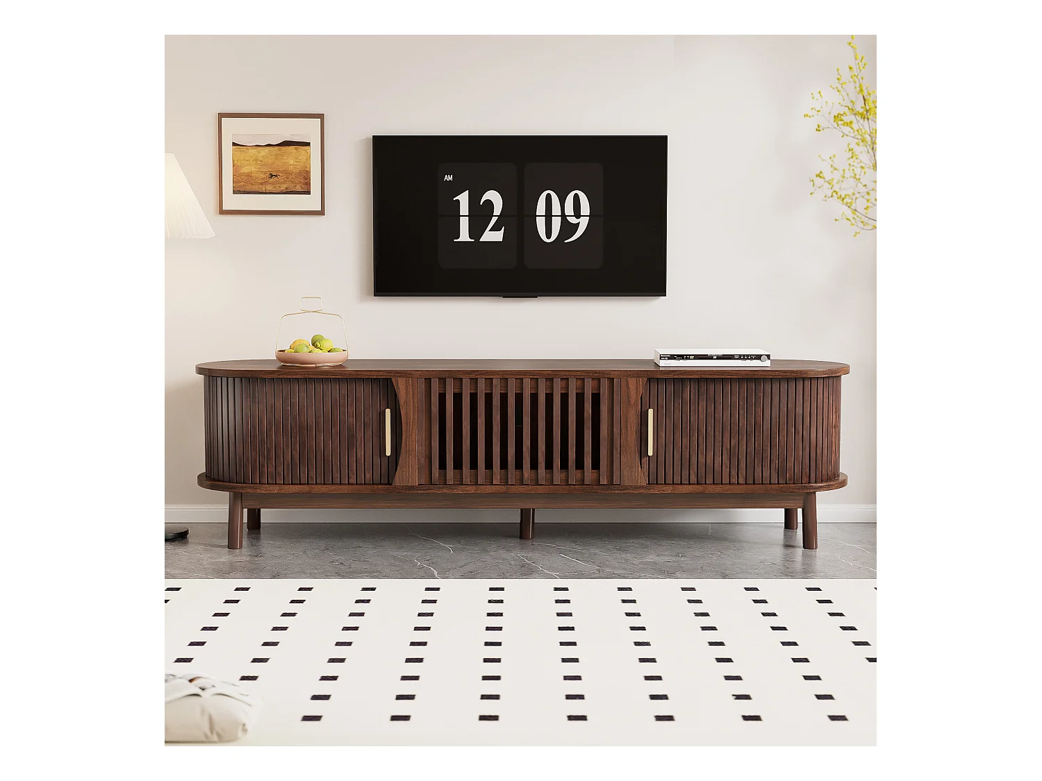 TV-meubel 165x39,5x46cm met 3 deuren waarvan 2 schuifdeuren, kast in bruin houtnerffineer