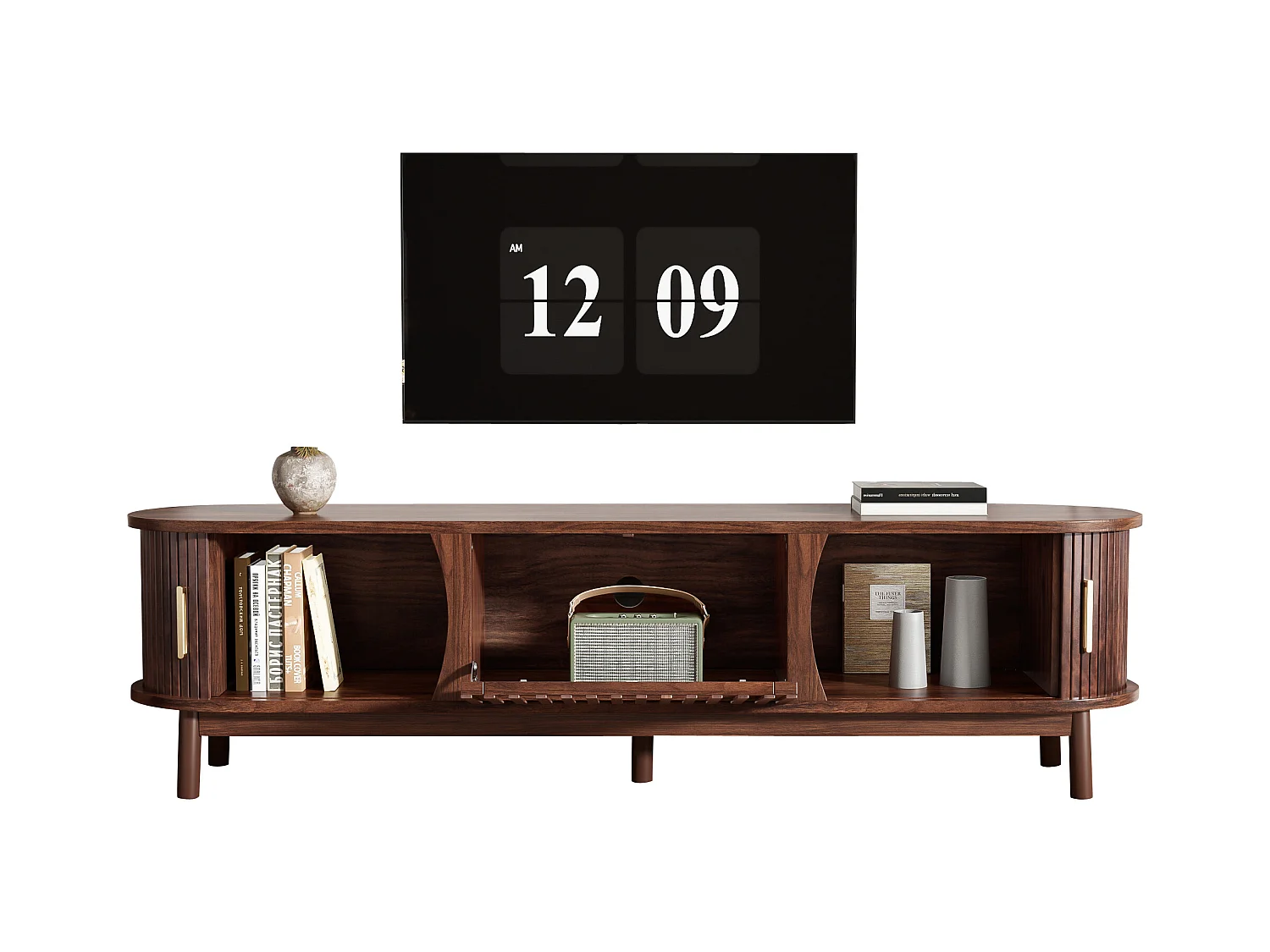 TV-meubel 165x39,5x46cm met 3 deuren waarvan 2 schuifdeuren, kast in bruin houtnerffineer