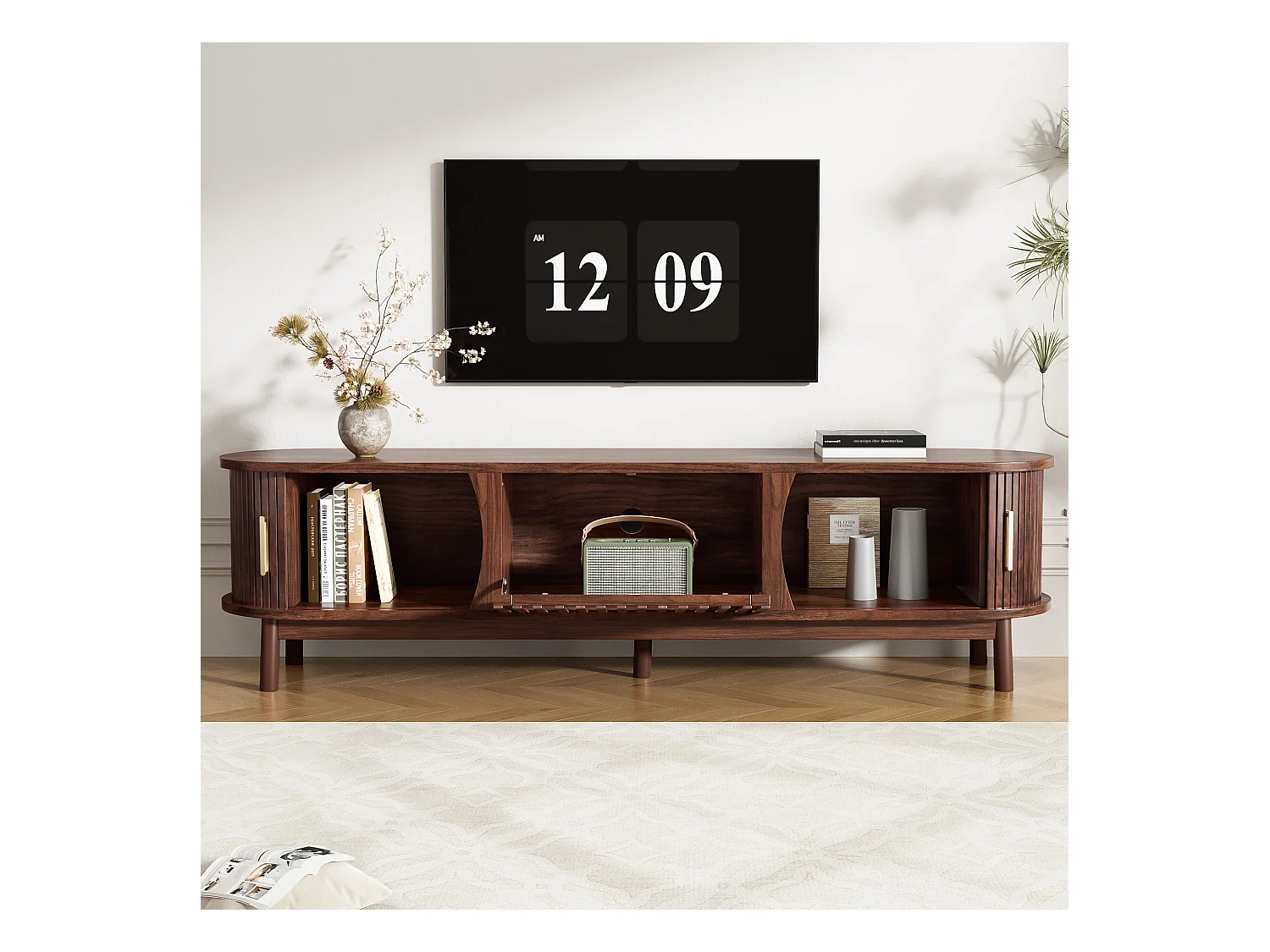 Meuble TV 165x39.5x46cm avec 3 portes dont 2 portes coulissantes, corps en placage woodgrain marron