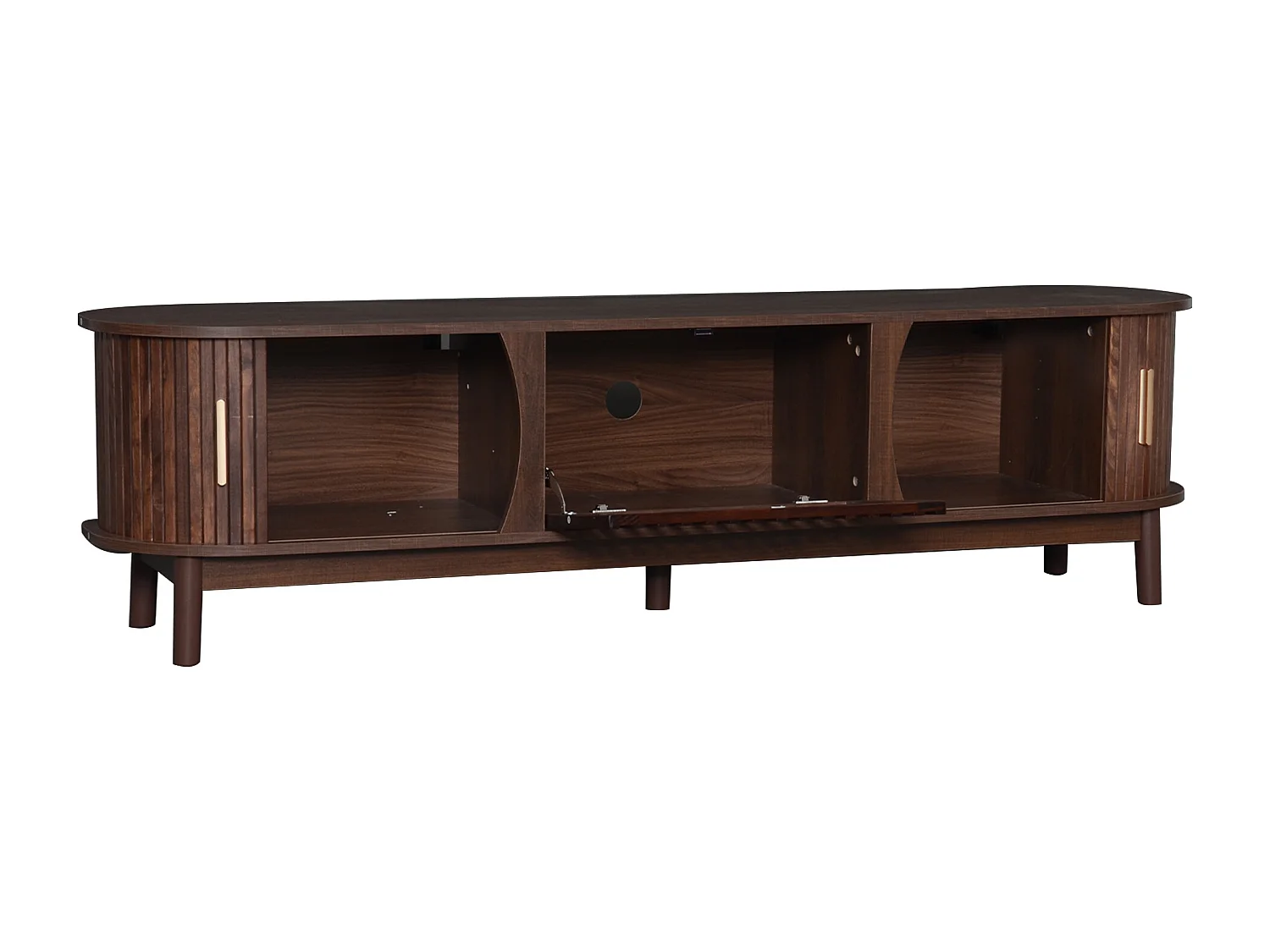 Meuble TV 165x39.5x46cm avec 3 portes dont 2 portes coulissantes, corps en placage woodgrain marron