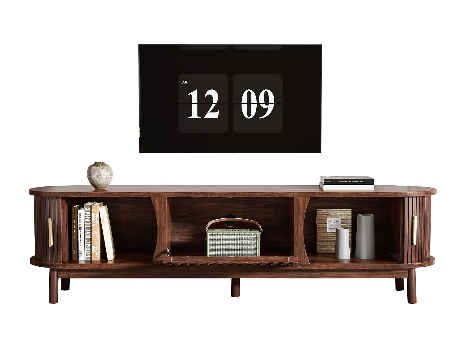 Meuble TV 165x39.5x46cm avec 3 portes dont 2 portes coulissantes, corps en placage woodgrain marron
