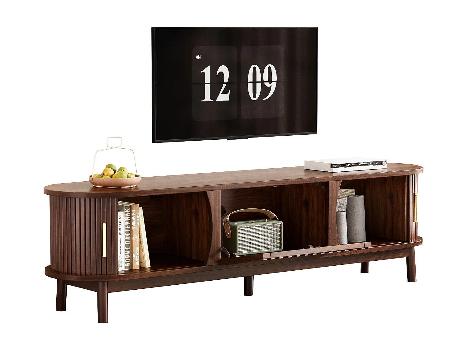 Meuble TV 165x39.5x46cm avec 3 portes dont 2 portes coulissantes, corps en placage woodgrain marron