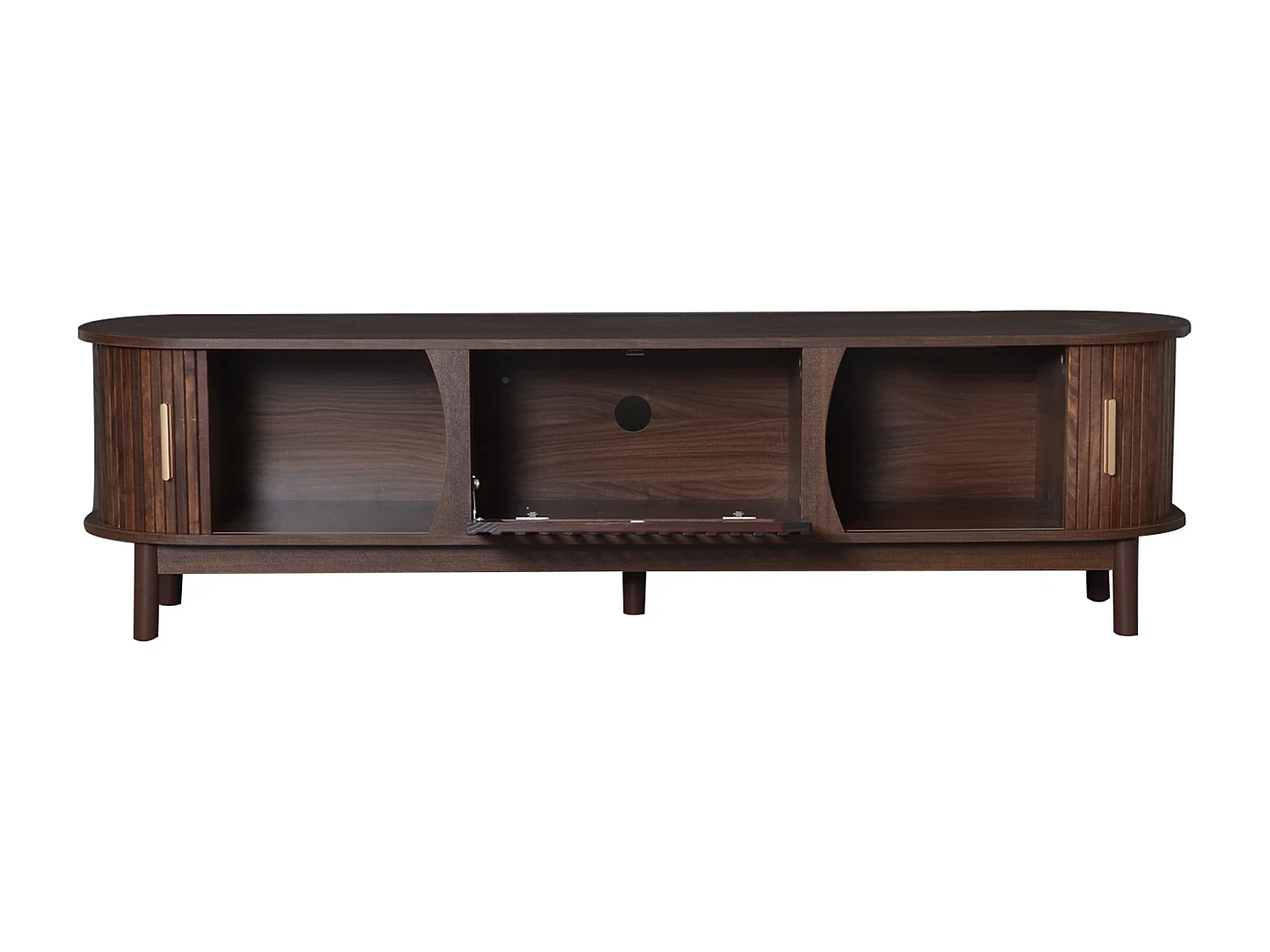 Meuble TV 165x39.5x46cm avec 3 portes dont 2 portes coulissantes, corps en placage woodgrain marron