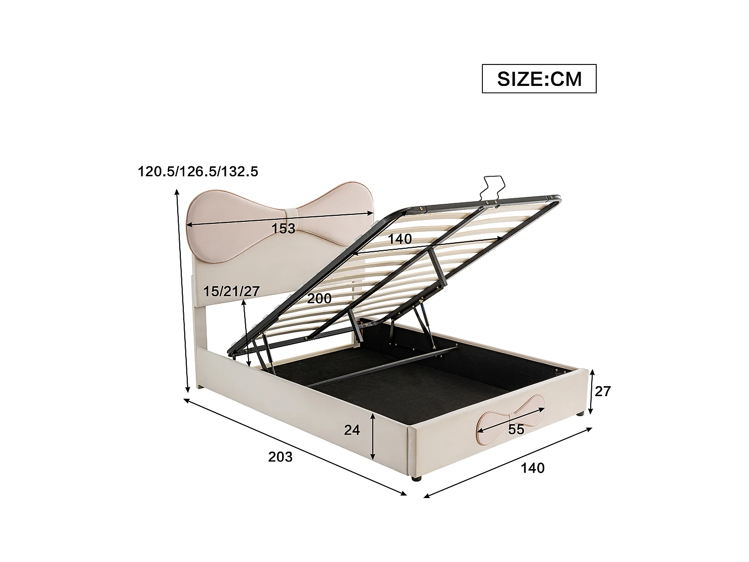 Lit coffre adulte 140x200cm, en velours beige avec nœud papillon rose, tête de lit réglable(sans matelas)