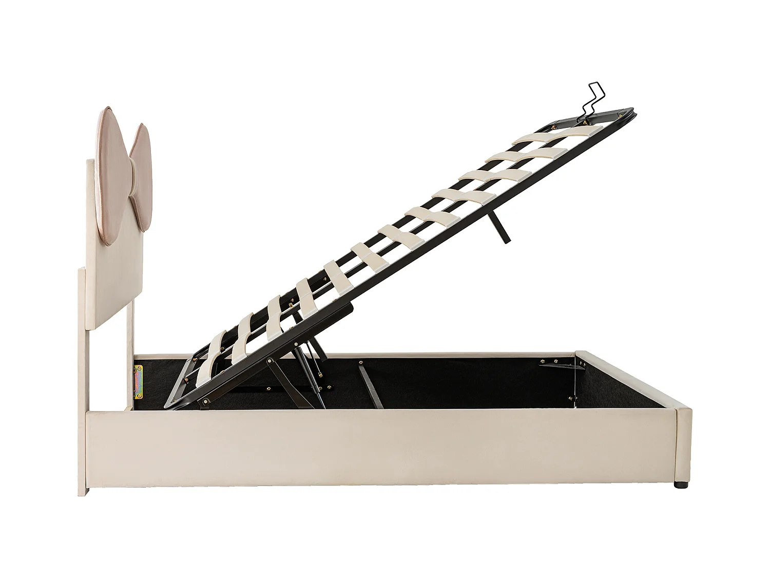 Lit coffre adulte 140x200cm, en velours beige avec nœud papillon rose, tête de lit réglable(sans matelas)