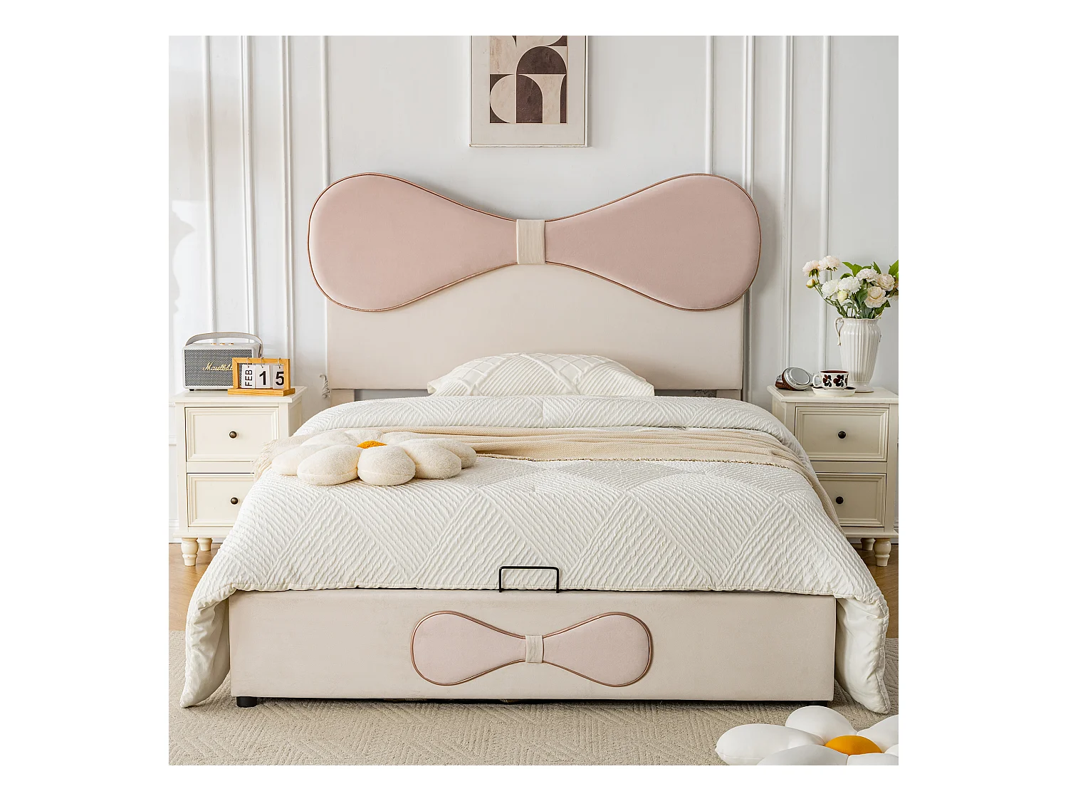 Lit coffre adulte 140x200cm, en velours beige avec nœud papillon rose, tête de lit réglable(sans matelas)