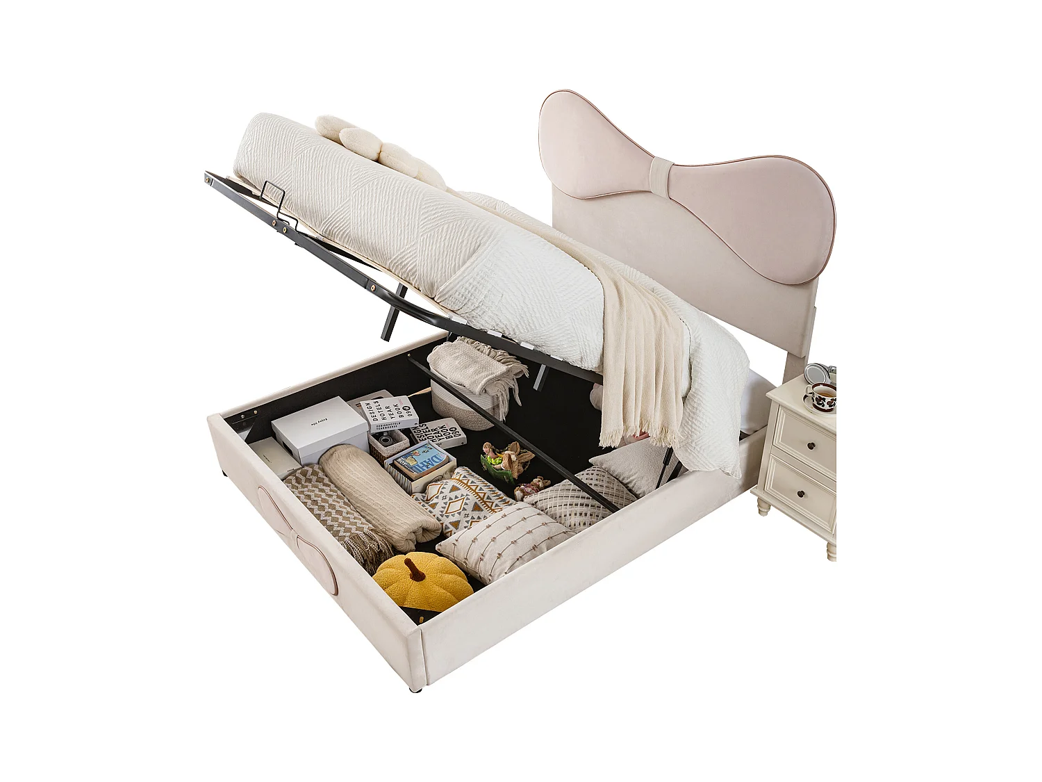 Lit coffre adulte 140x200cm, en velours beige avec nœud papillon rose, tête de lit réglable(sans matelas)