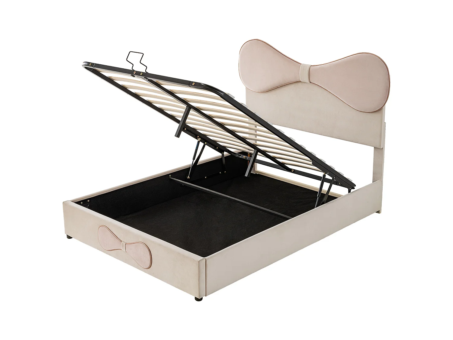 Lit coffre adulte 140x200cm, en velours beige avec nœud papillon rose, tête de lit réglable(sans matelas)