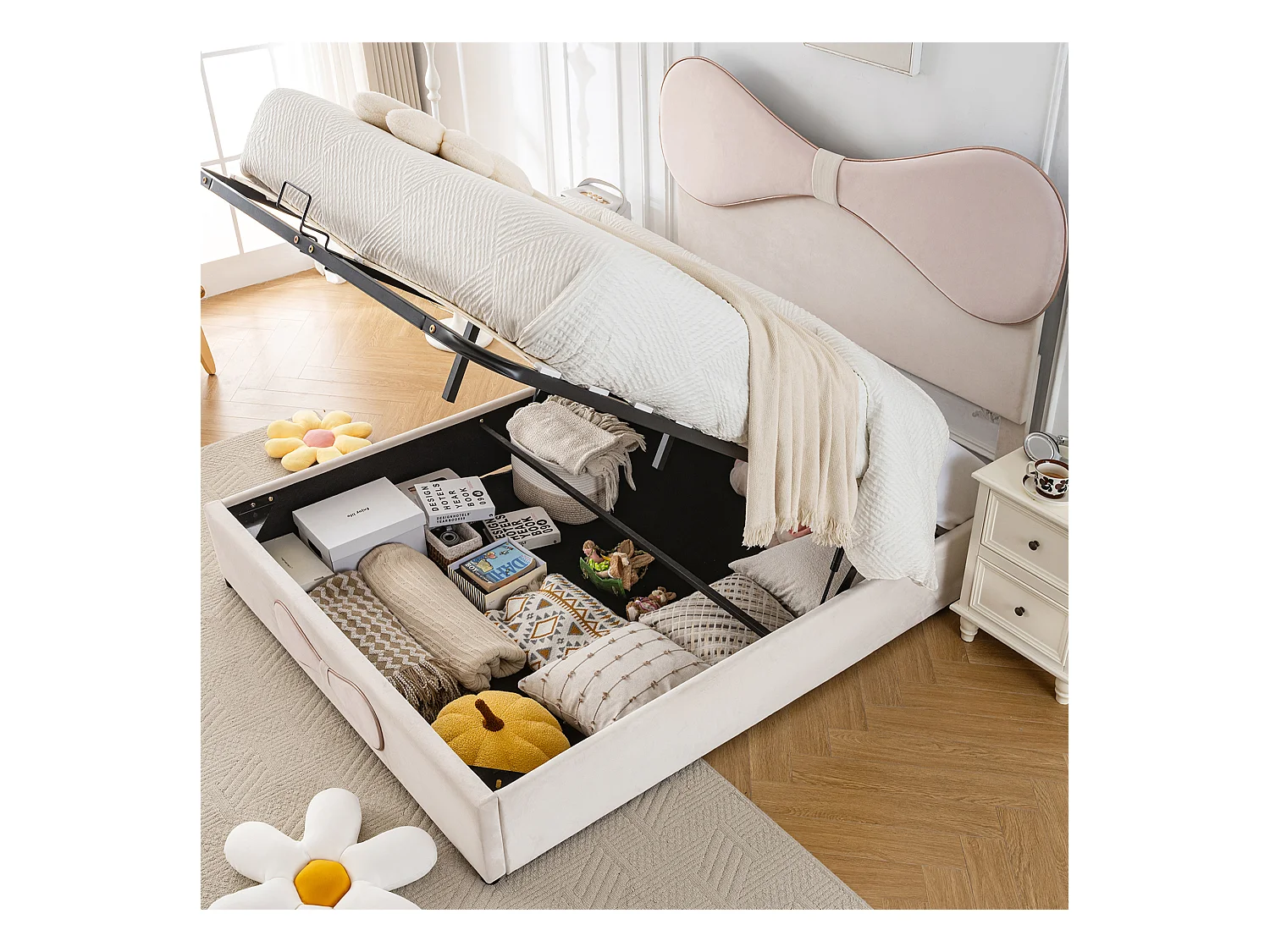 Lit coffre adulte 140x200cm, en velours beige avec nœud papillon rose, tête de lit réglable(sans matelas)