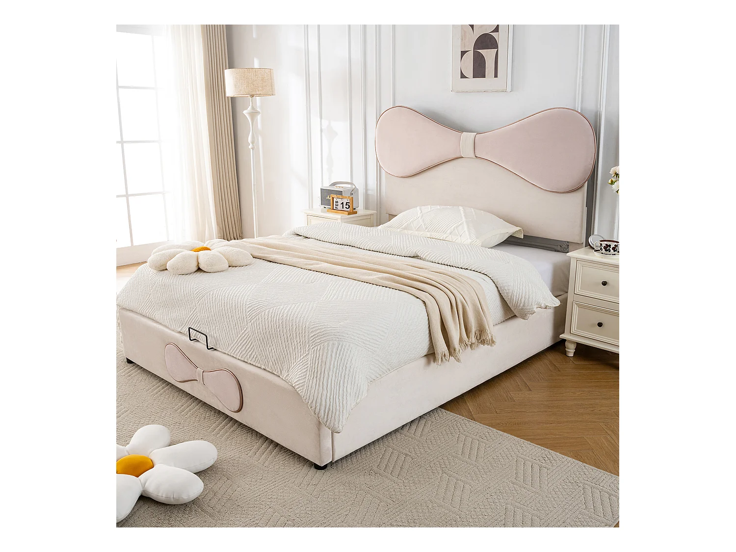 Lit coffre adulte 140x200cm, en velours beige avec nœud papillon rose, tête de lit réglable(sans matelas)
