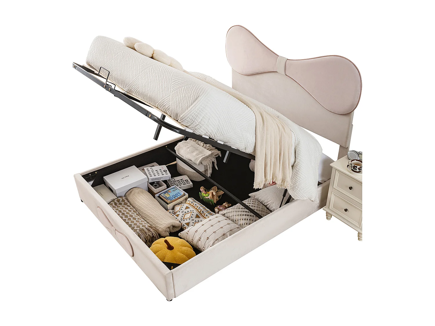 Lit coffre adulte 140x200cm, en velours beige avec nœud papillon rose, tête de lit réglable(sans matelas)