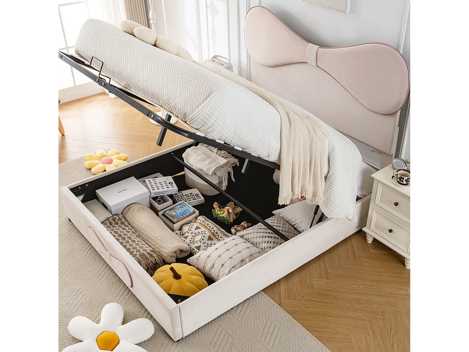 Lit coffre adulte 140x200cm, en velours beige avec nœud papillon rose, tête de lit réglable(sans matelas)