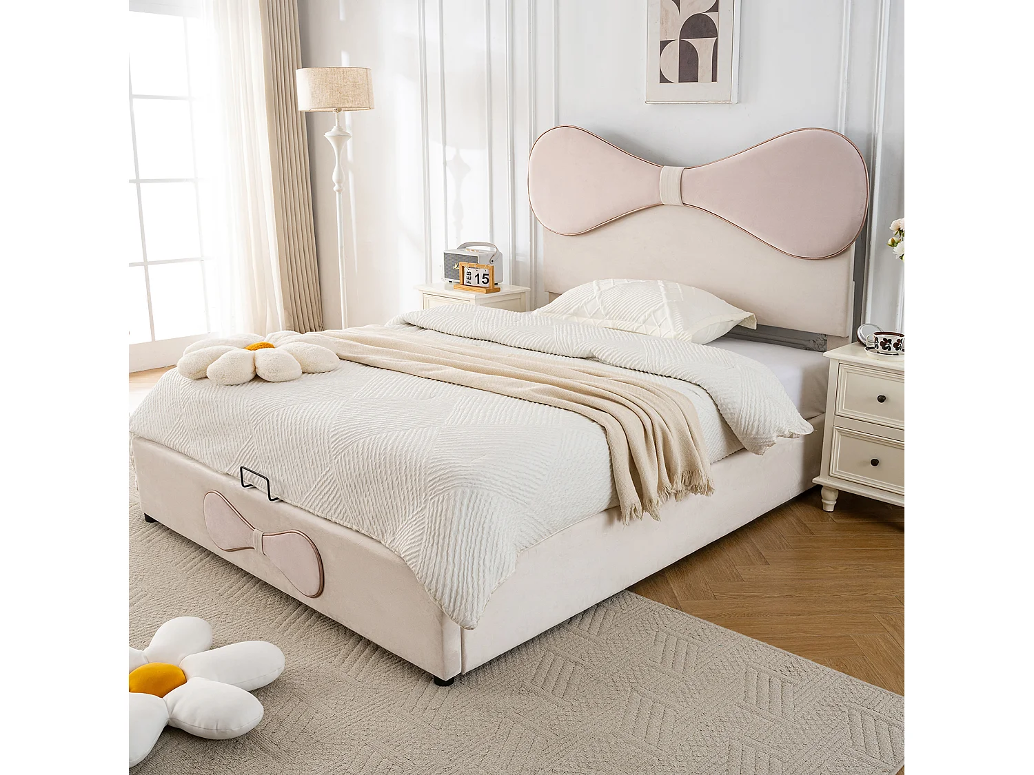Lit coffre adulte 140x200cm, en velours beige avec nœud papillon rose, tête de lit réglable(sans matelas)