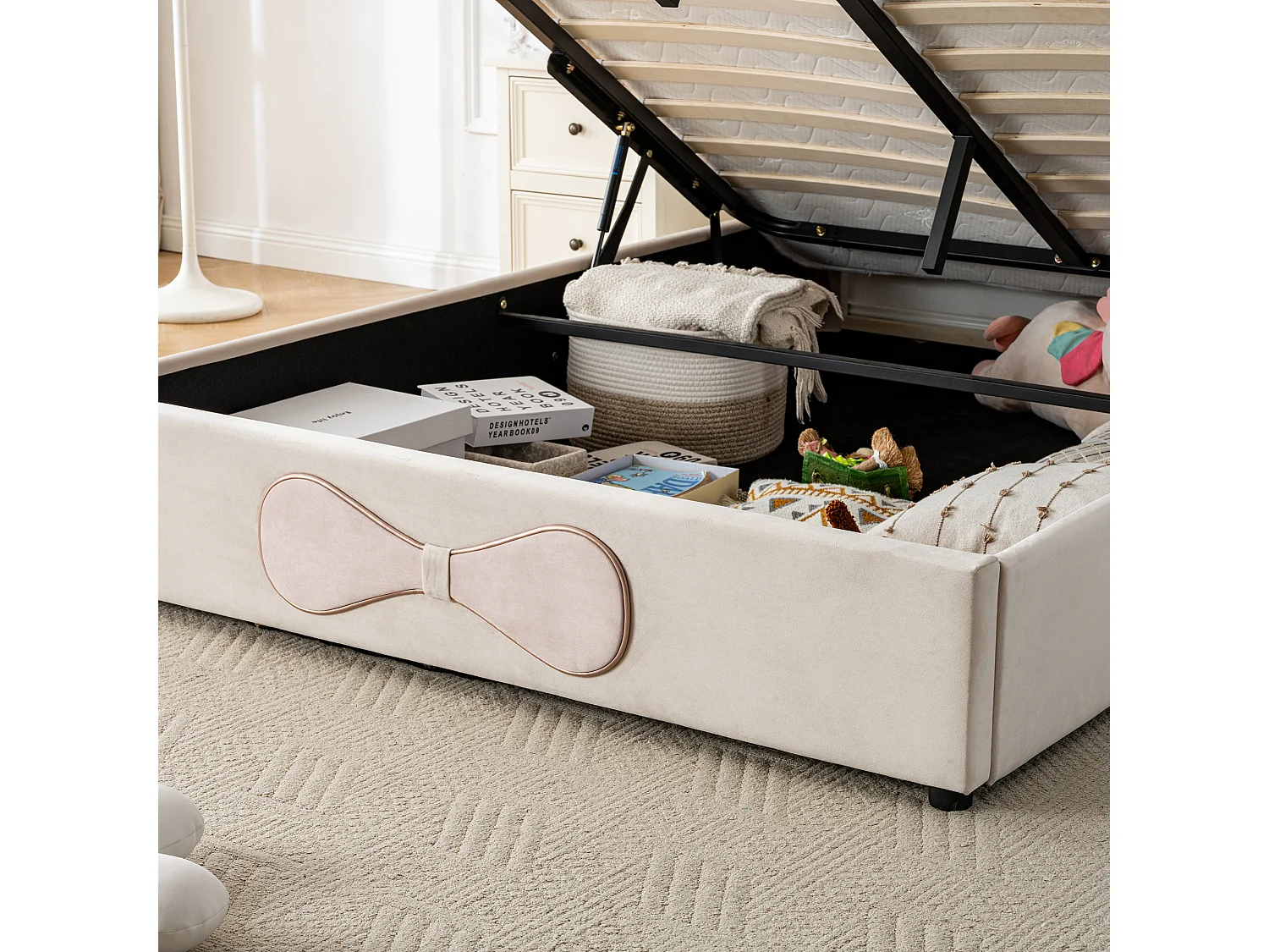 Lit coffre adulte 140x200cm, en velours beige avec nœud papillon rose, tête de lit réglable(sans matelas)