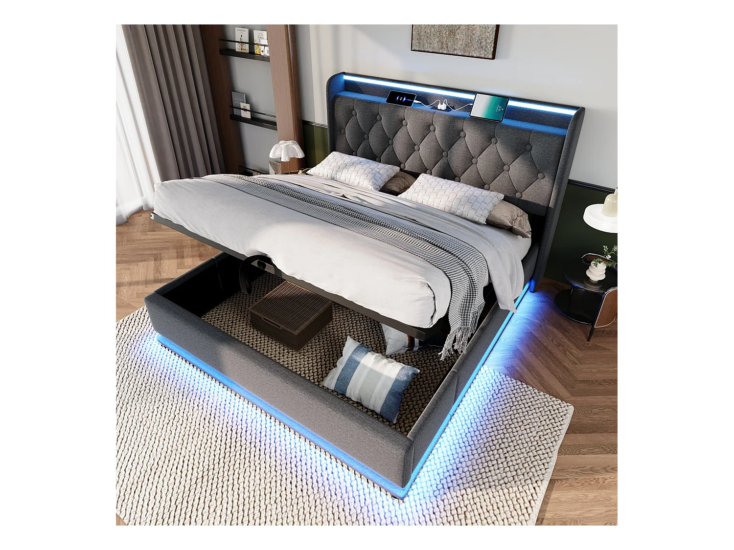 Opbergbed 180x200 cm grijs, met LED-verlichting en USB Type-C poorten, hydraulisch tweepersoonsbed van linnen, zonder matras