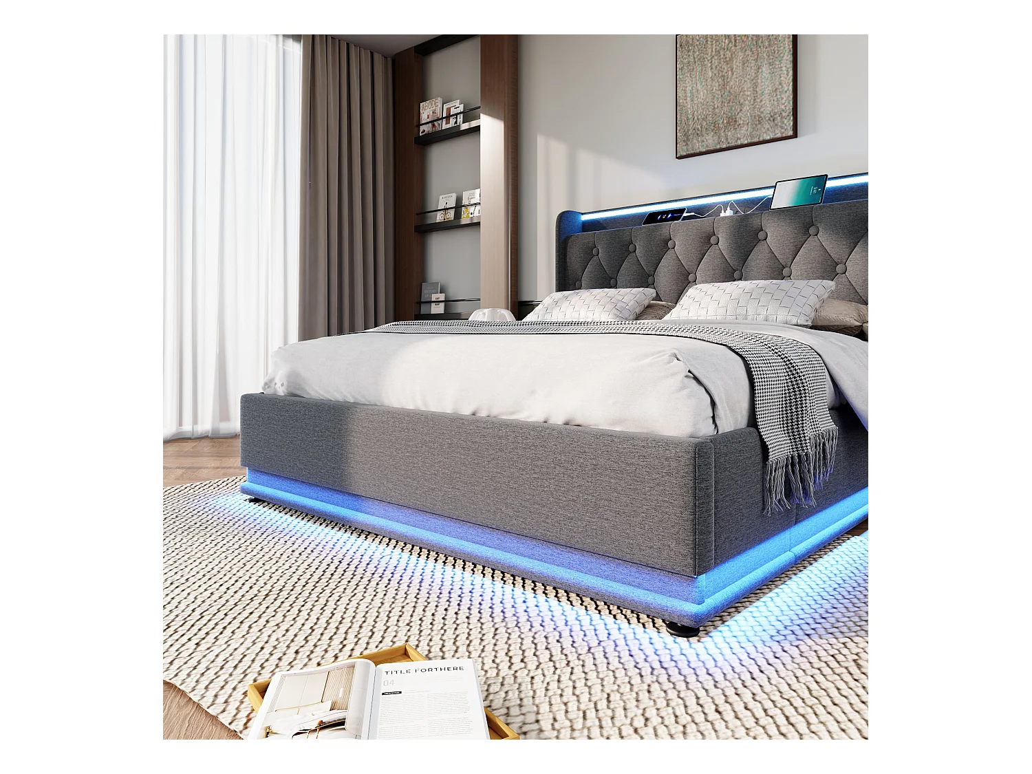 Opbergbed 180x200 cm grijs, met LED-verlichting en USB Type-C poorten, hydraulisch tweepersoonsbed van linnen, zonder matras
