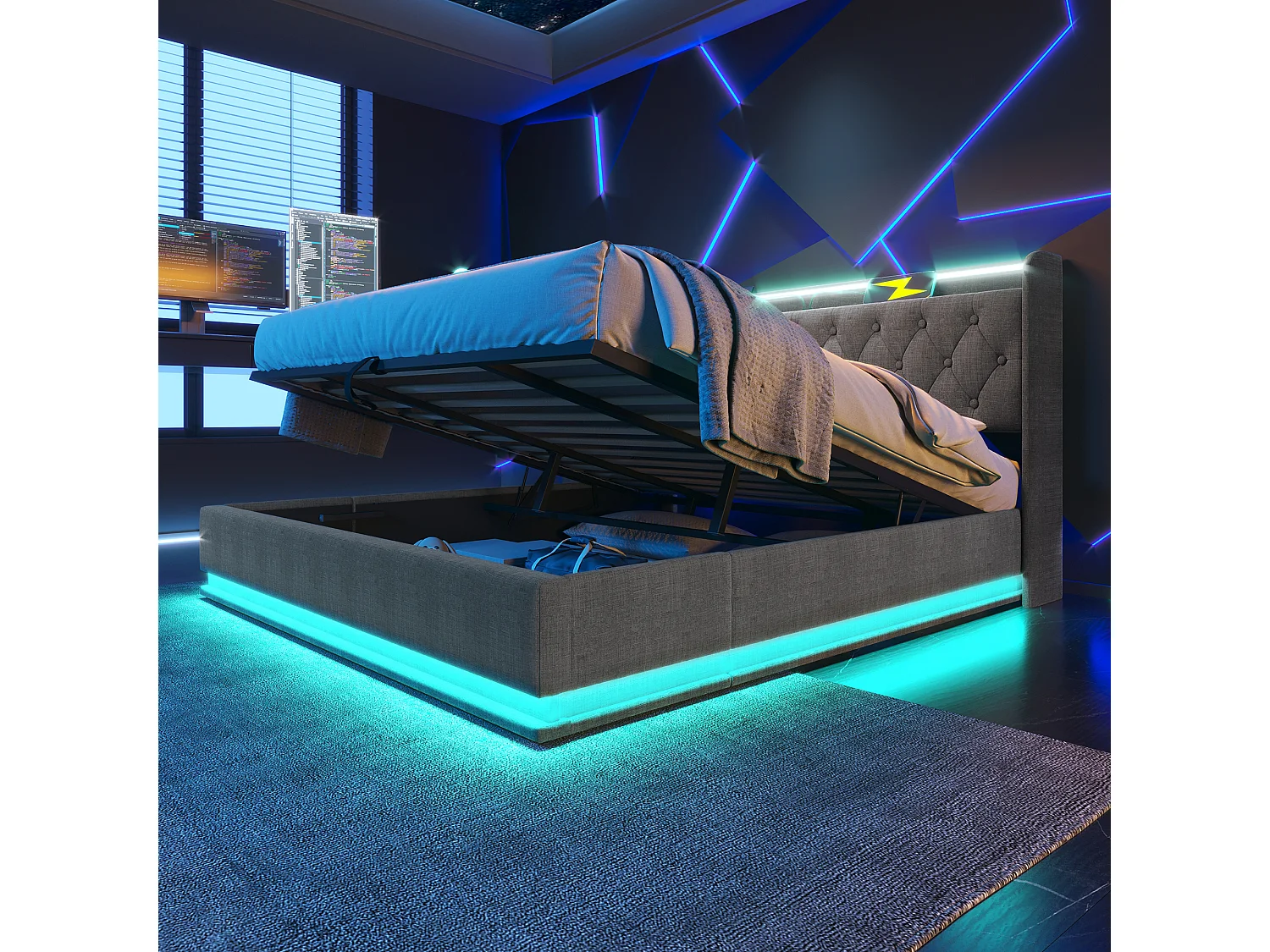 Lit coffre 180x200cm Gris, LED + USB Type-C, lit avec rangement, lit adulte hydraulique en lin, sans matelas