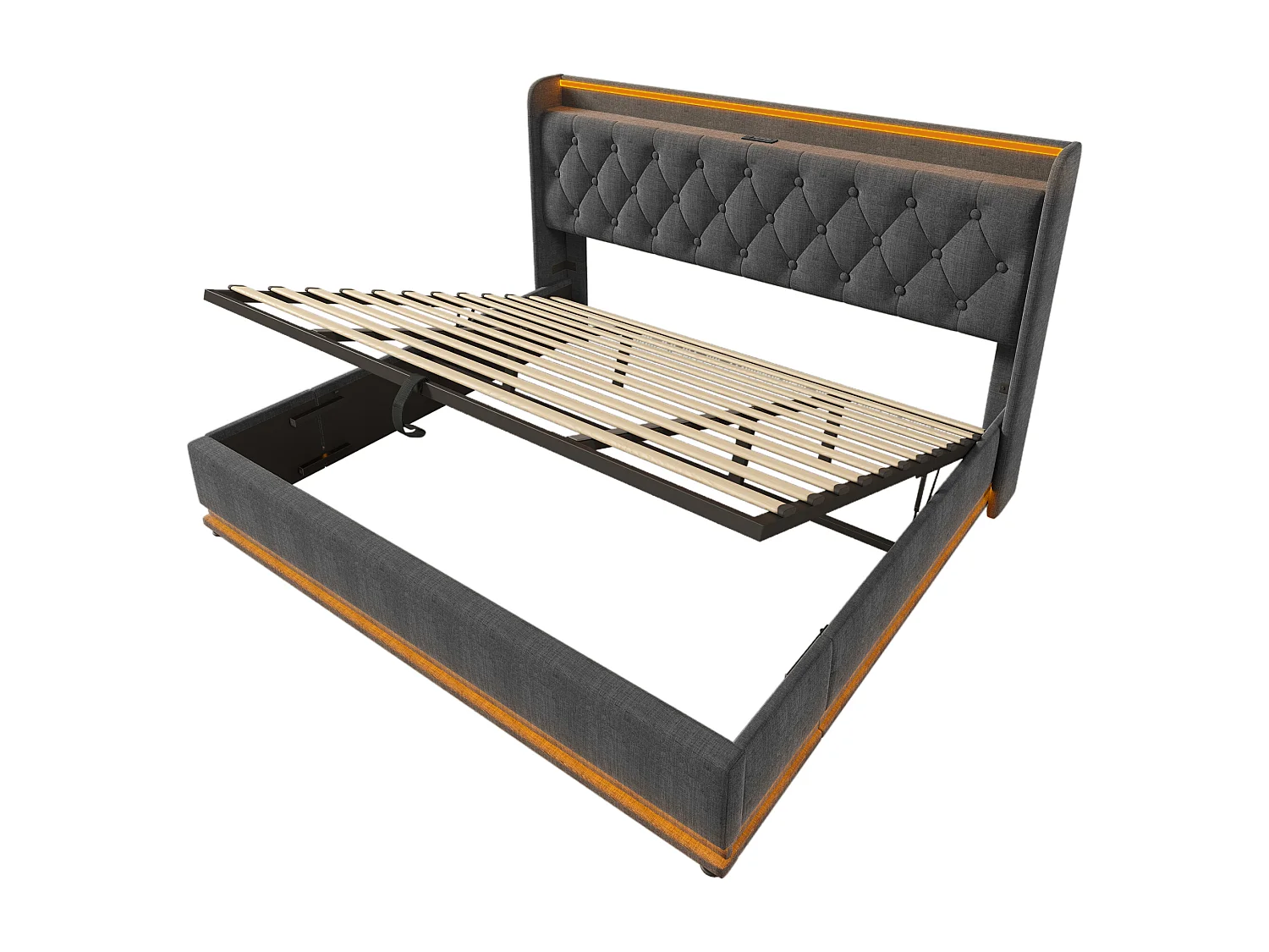 Opbergbed 180x200 cm grijs, met LED-verlichting en USB Type-C poorten, hydraulisch tweepersoonsbed van linnen, zonder matras