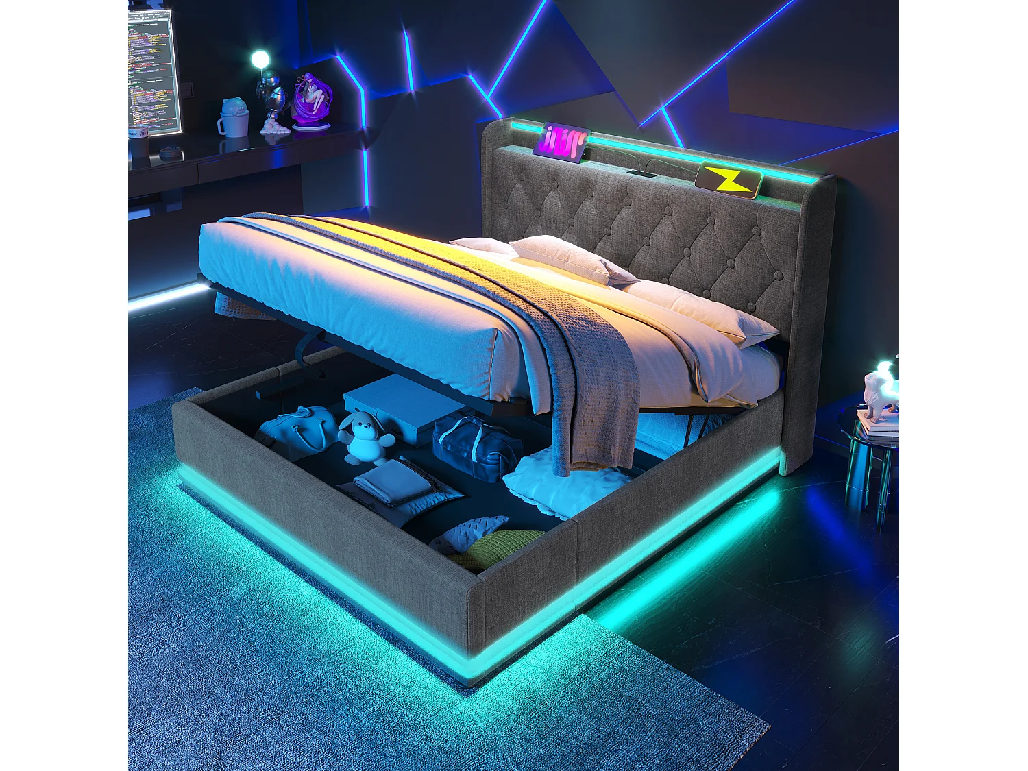 Opbergbed 180x200 cm grijs, met LED-verlichting en USB Type-C poorten, hydraulisch tweepersoonsbed van linnen, zonder matras