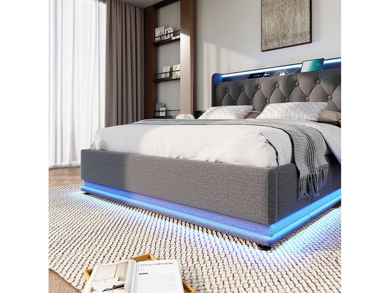 Opbergbed 180x200 cm grijs, met LED-verlichting en USB Type-C poorten, hydraulisch tweepersoonsbed van linnen, zonder matras