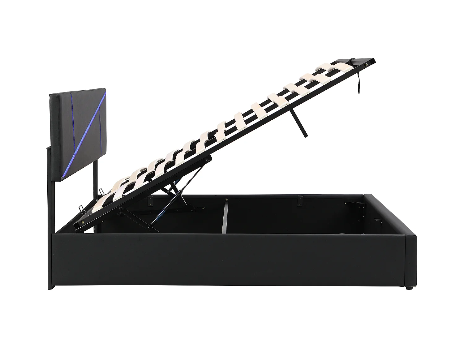 Lit coffre 140x200 cm - lit adulte avec bande lumineuse LED, sommier à lattes et dossier - PU - noir