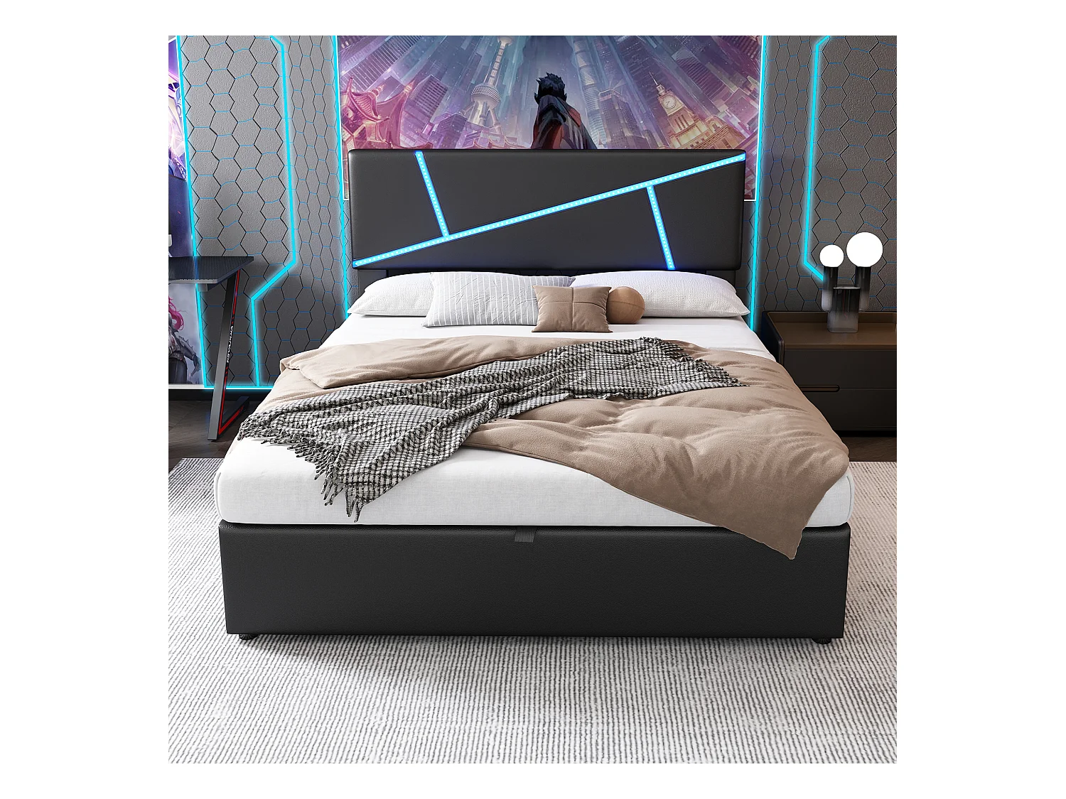 Lit coffre 140x200 cm - lit adulte avec bande lumineuse LED, sommier à lattes et dossier - PU - noir
