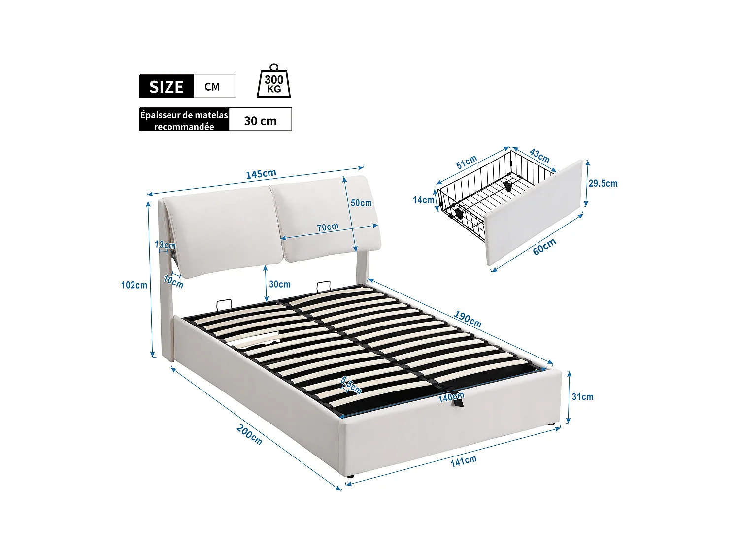 Lit coffre adulte 140x190 cm beige en velours avec tiroirs et tête de lit réglable, Sommier à lattes, sans matelas