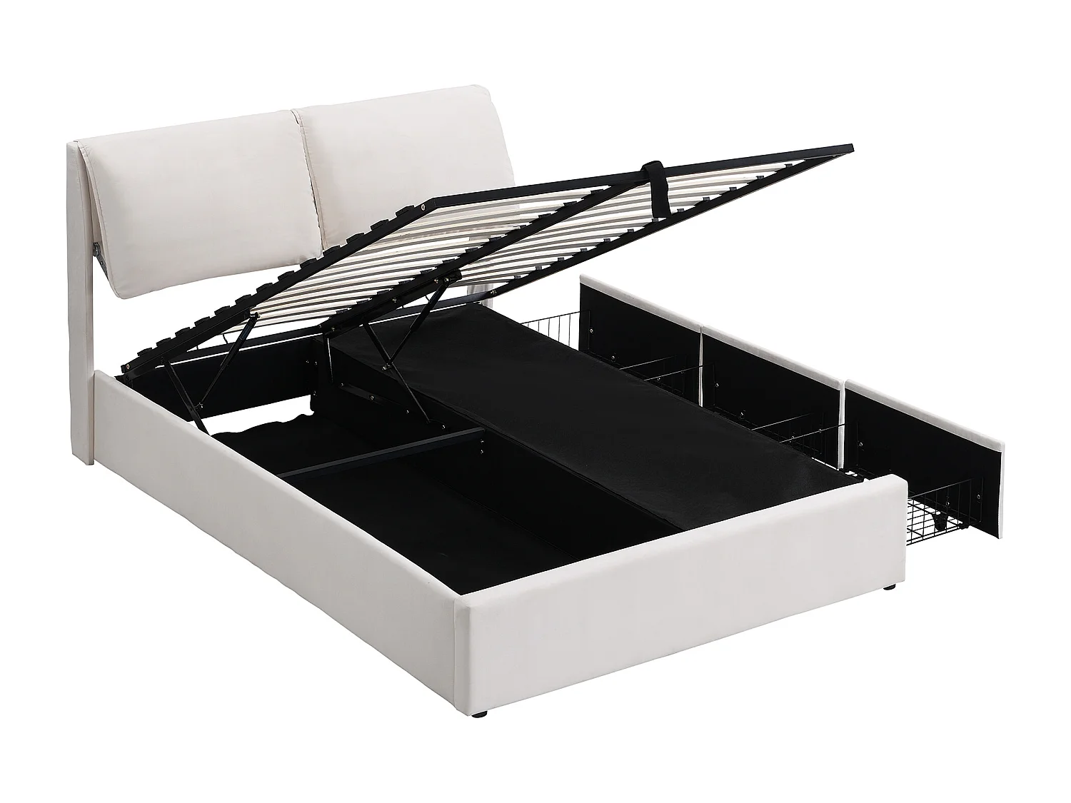 Lit coffre adulte 140x190 cm beige en velours avec tiroirs et tête de lit réglable, Sommier à lattes, sans matelas