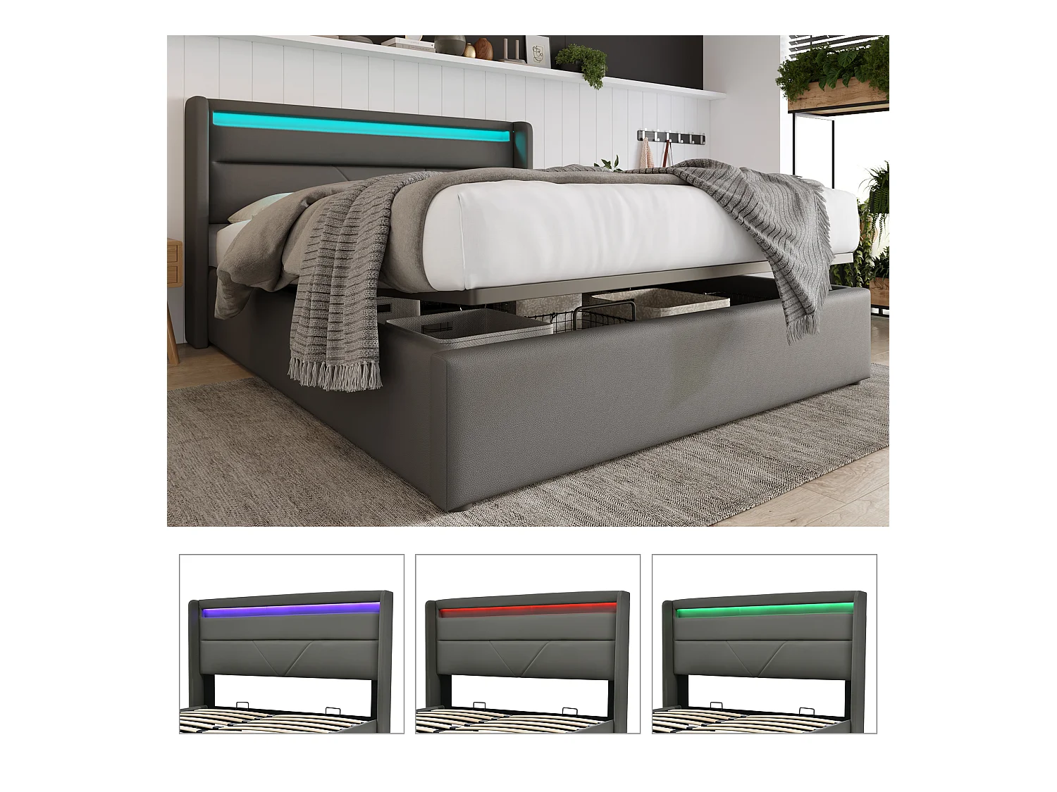 Lit coffre 160x200 cm - lit double capitonné avec bandeau lumineux LED et télécommande - PU - blanc