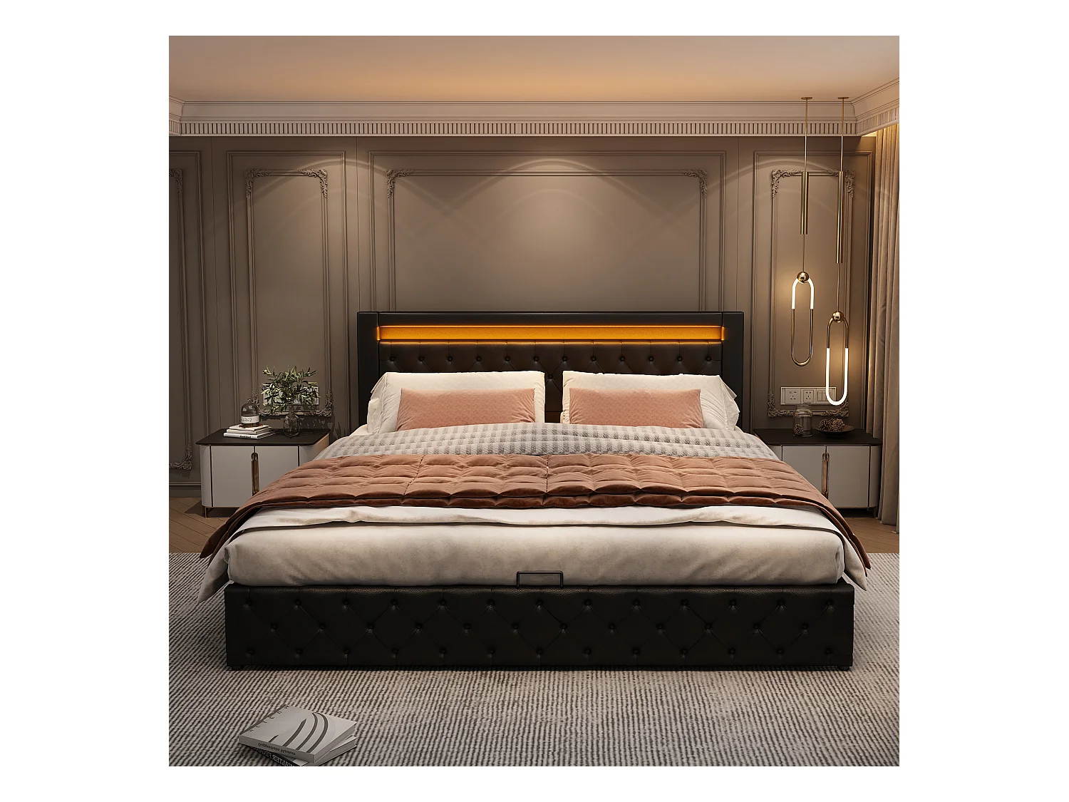 Stauraumbett 160x200 cm - Polsterbett mit Lattenrost, Stauraum und LED-Beleuchtung - PU - schwarz