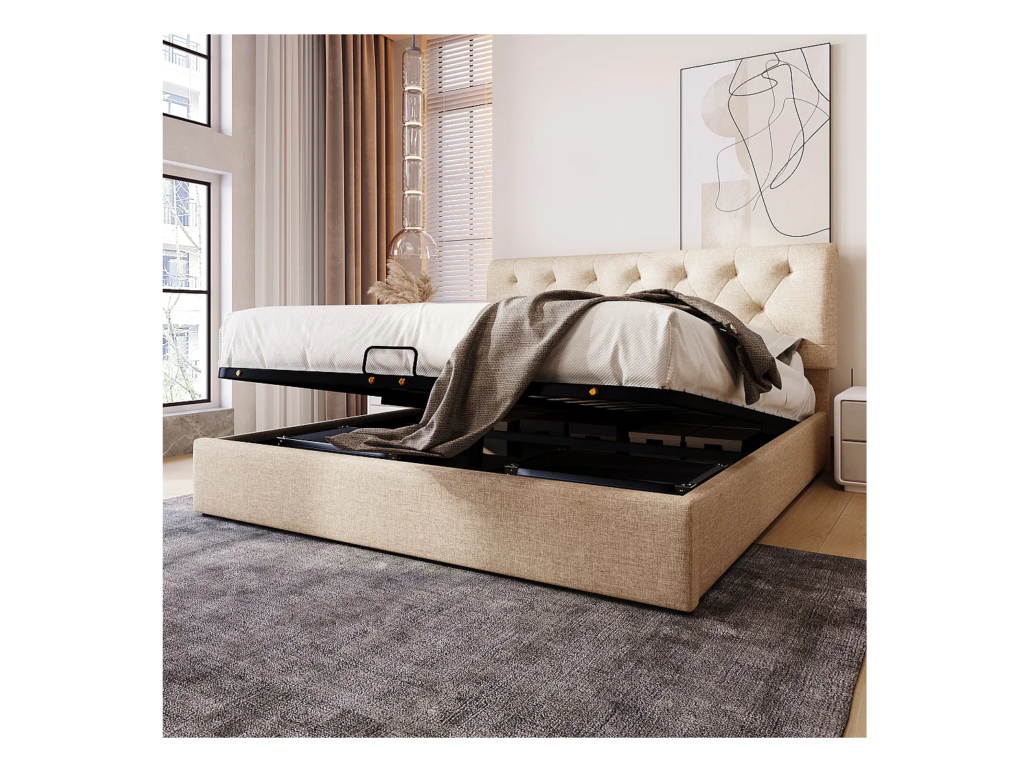 Lit coffre 160x200 cm - lit double avec tête de lit réglable - structure métal - lin - coloris naturel - sans matelas