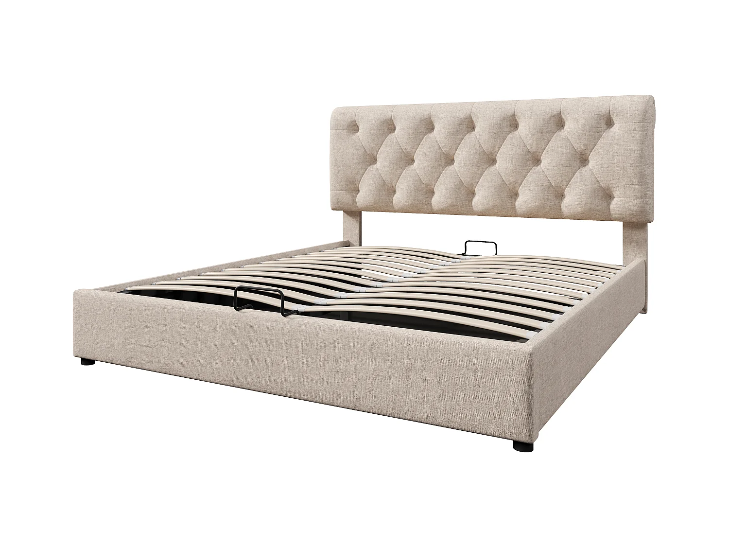 Lit coffre 160x200 cm - lit double avec tête de lit réglable - structure métal - lin - coloris naturel - sans matelas