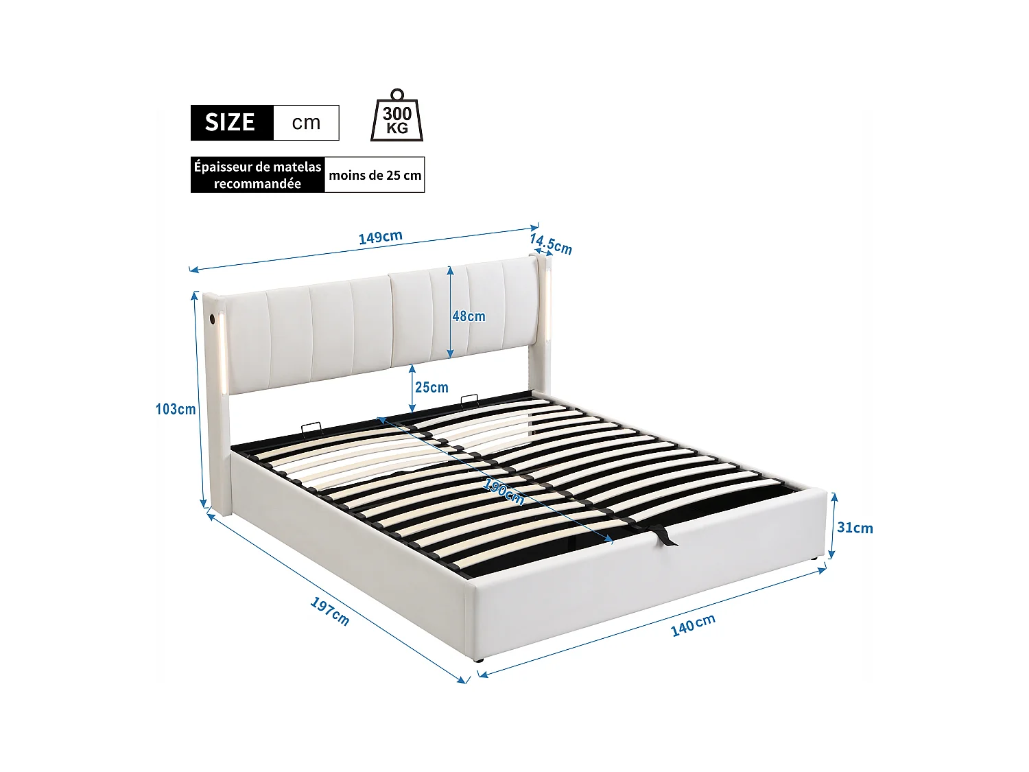 Letto contenitore 140x190 cm - letto imbottito con illuminazione LED e porta USB ricaricabile - testiera regolabile - PU - bianco