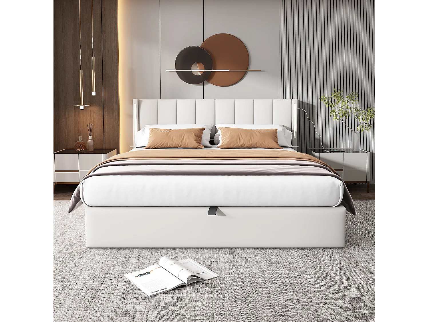 Cama baúl doble 180x200 cm, cama adulta con LED, USB y respaldo reclinable en PU blanco (sin colchón)