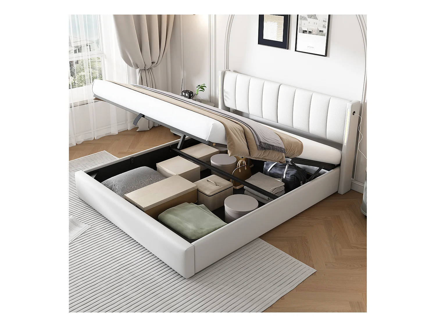 Lit coffre adulte 180x200 cm ,lit adulte avec LED, USB et dossier inclinable en PU blanc(sans matelas)