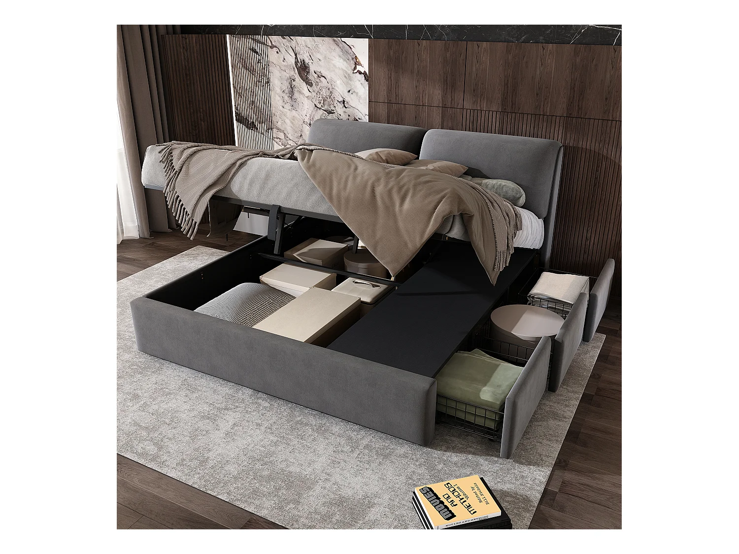 Lit coffre 180x200 cm - Lit adulte avec 3 tiroirs, coffres de rangement et tête de lit - Velours - Gris