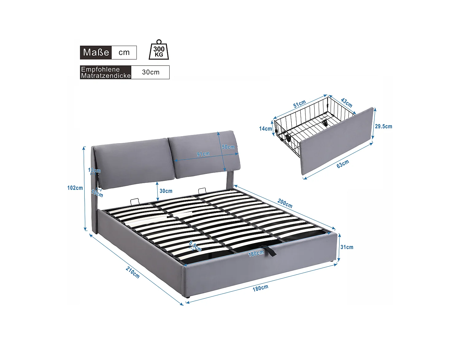 Lit coffre 180x200 cm - Lit adulte avec 3 tiroirs, coffres de rangement et tête de lit - Velours - Gris