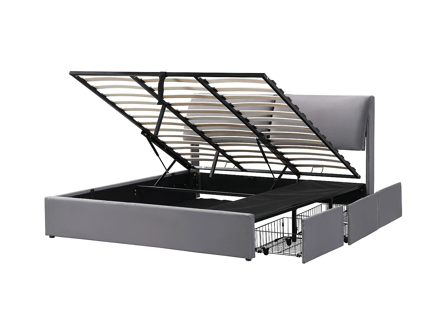 Lit coffre 180x200 cm - Lit adulte avec 3 tiroirs, coffres de rangement et tête de lit - Velours - Gris